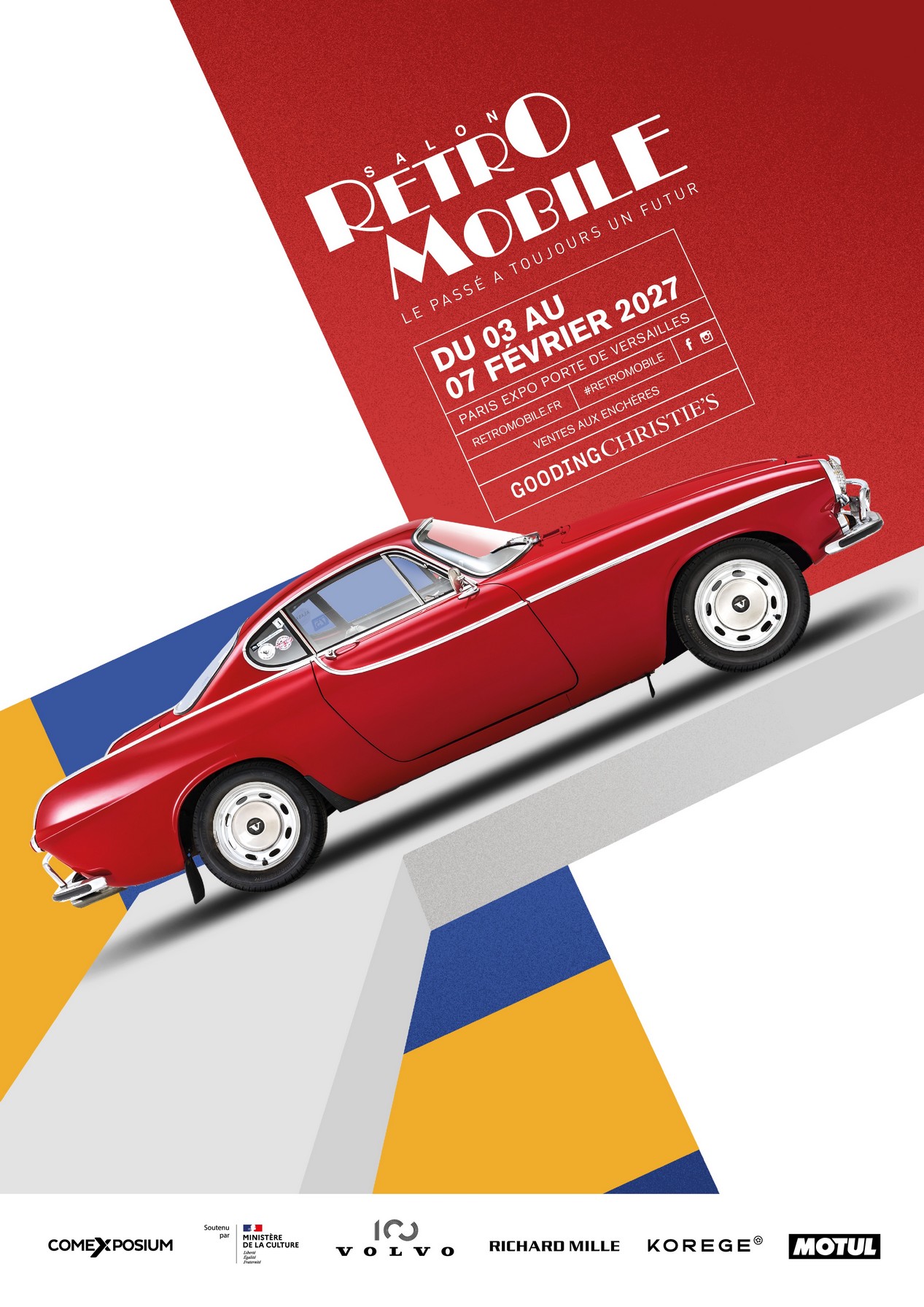 Affiche du salon Rétromobile 2027 avec une Volvo P1800