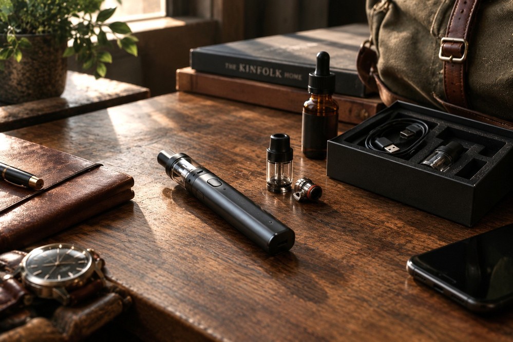 Cigarette électronique avec son système de recharge sur un bureau en bois